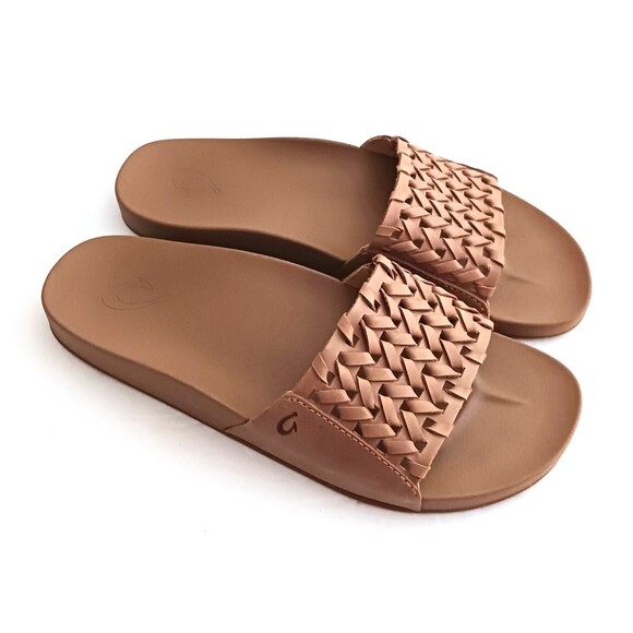 NEW Olukai Kamola Slide Sandal Tan Woven Leather Molded Footbed US 8 EU 38 - Picture 4 of 10